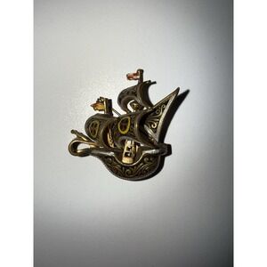 Vintage SPAIN Enamel‎ Damascene Style Sailing Boat Ship Sailboat Brooch Pin
